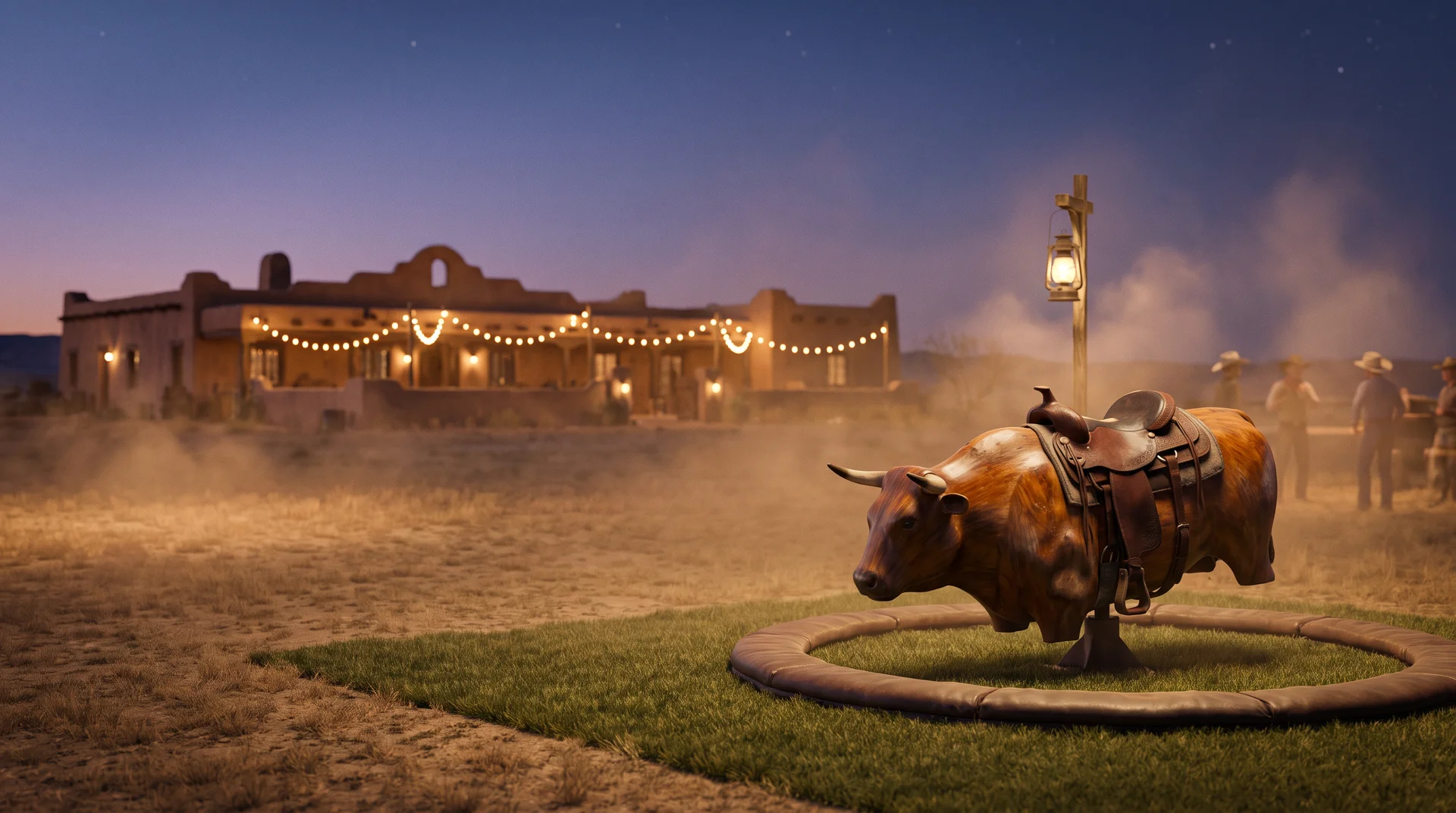 A rodeo arena under floodlights with dust hanging in the light